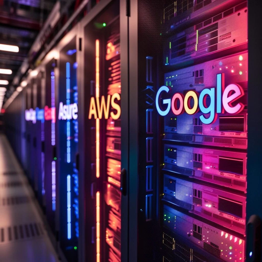 a series of powerful colourful servers with AWS, Google and Asure written on the chassis