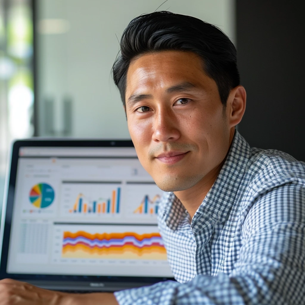  The scene features an Asian man, appearing professional and happy, possibly in an office setting, looking at the camera pointing at a smart laptop screen with graphs and metrics