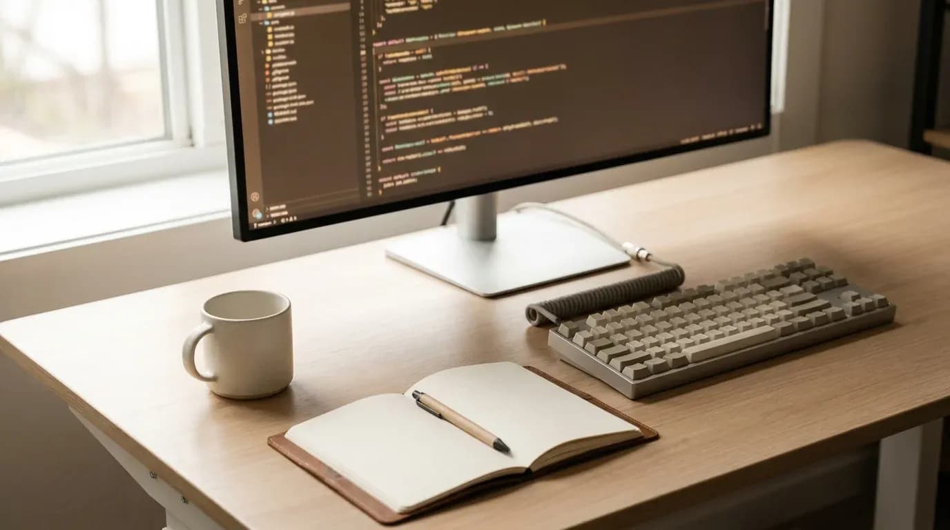A developer's desk in daylight with a widescreen monitor showing code, a mechanical keyboard, a notebook and a mug