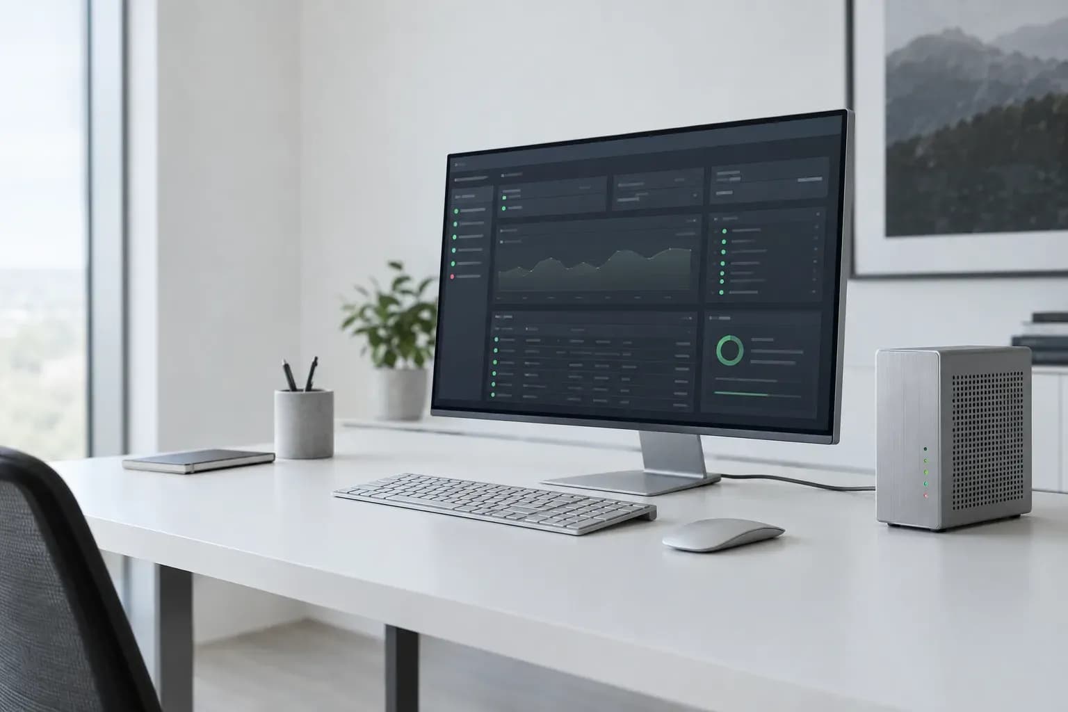 Concept photograph of a modern engineering workstation with an abstract software monitoring display and a compact server