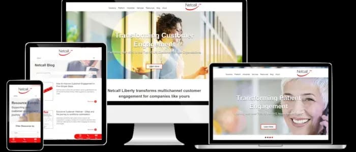 Netcall enterprise website with filterable resource centre shown on desktop and mobile screens