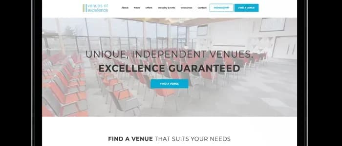 Venues of Excellence membership website and venue search portal shown on a laptop screen