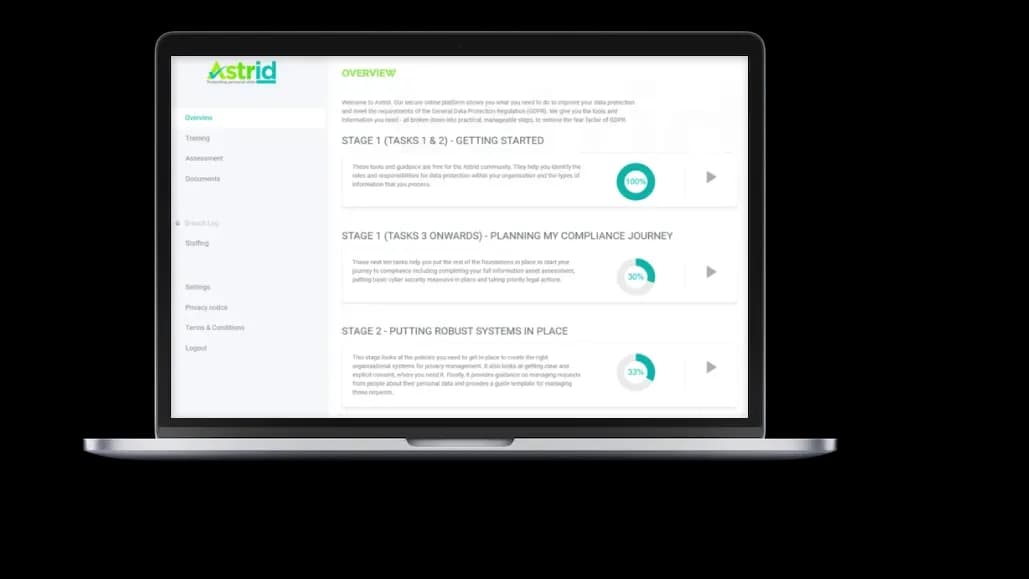 Astrid GDPR compliance web app and SaaS portal for small businesses