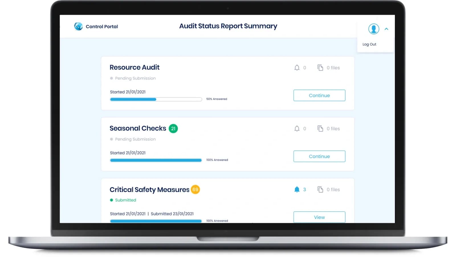 Audit tool SaaS online portal shown on a laptop, with a resource audit and critical safety measures dashboard