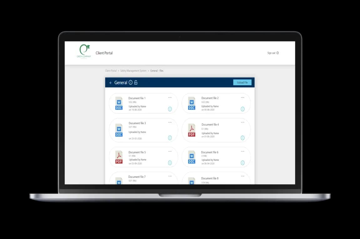 Base Solutions client portal on a laptop, showing a folder of Word and PDF documents with file size, uploader and upload date
