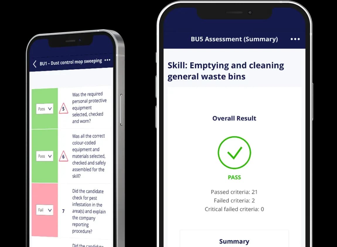 Two phones showing the BICSc cleaning audit app: a BU1 Dust control mop sweeping assessment with pass and fail criteria, and a BU5 assessment summary showing an overall PASS result