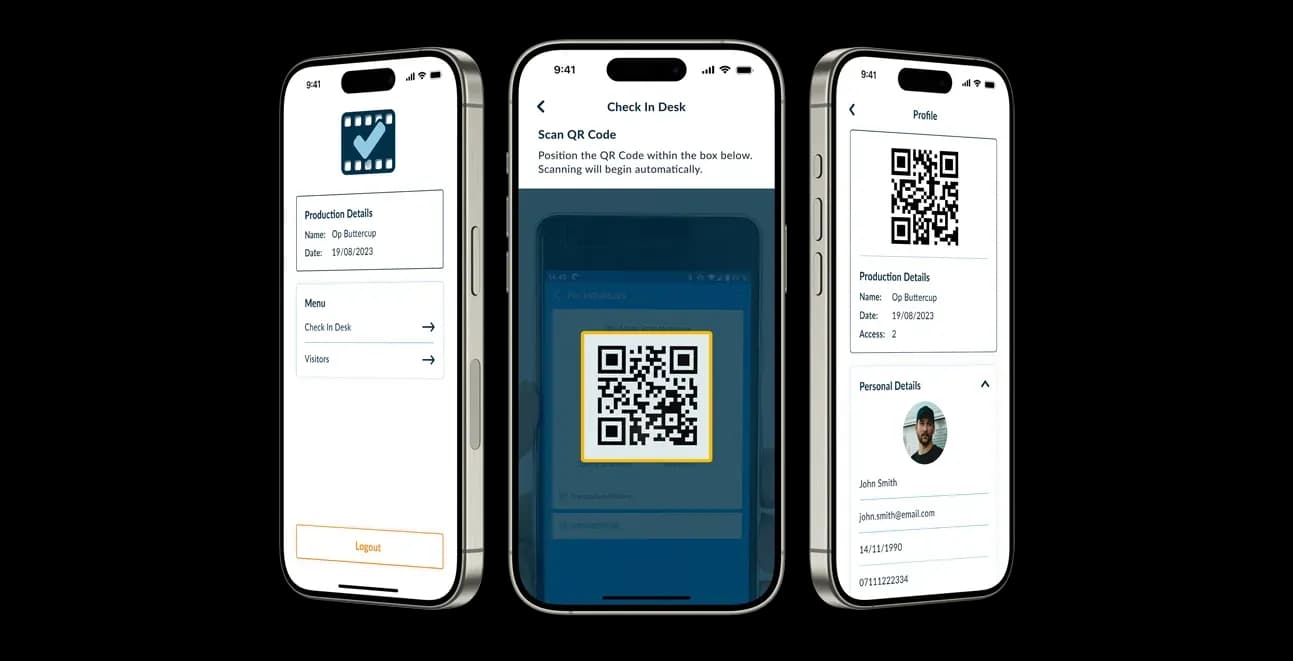 Check-me-in event entry app with QR code scanning for film industry visitor logging
