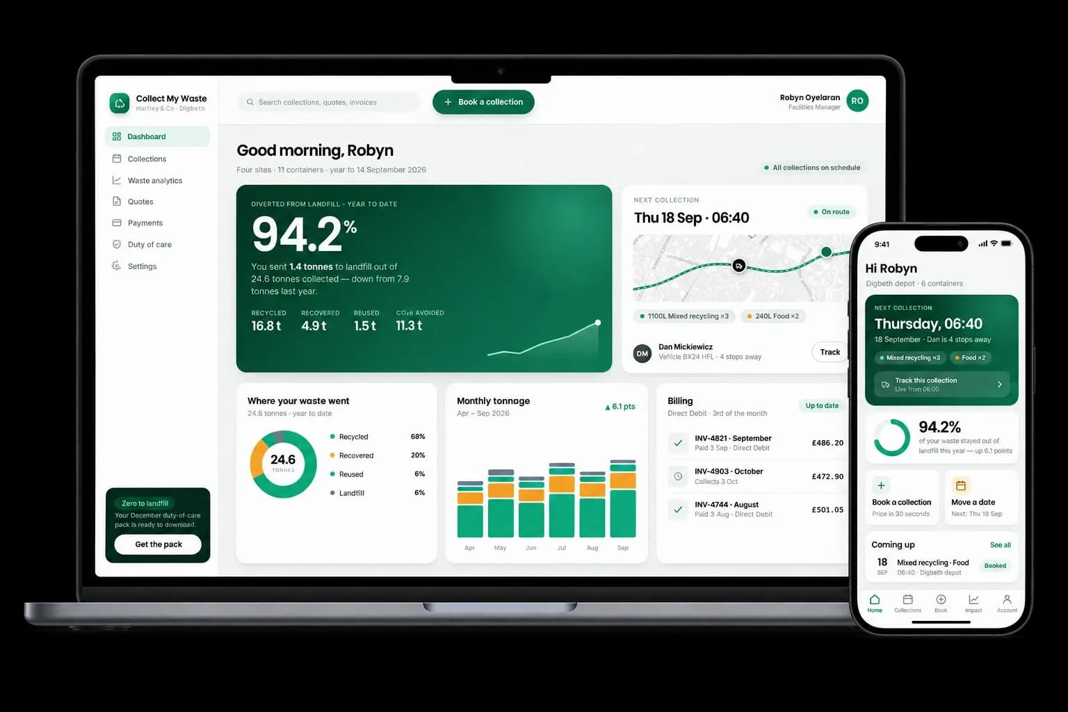 Concept redesign of the Collect My Waste waste management software, shown on a MacBook and iPhone: a customer dashboard with a 94.2% landfill diversion figure, a live collection round on a map, and the app's next-collection screen
