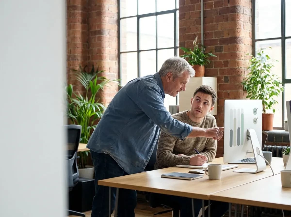 A senior developer leaning in to point at a monitor while a colleague takes notes at a shared desk, representing handing a release process over to a client's own team