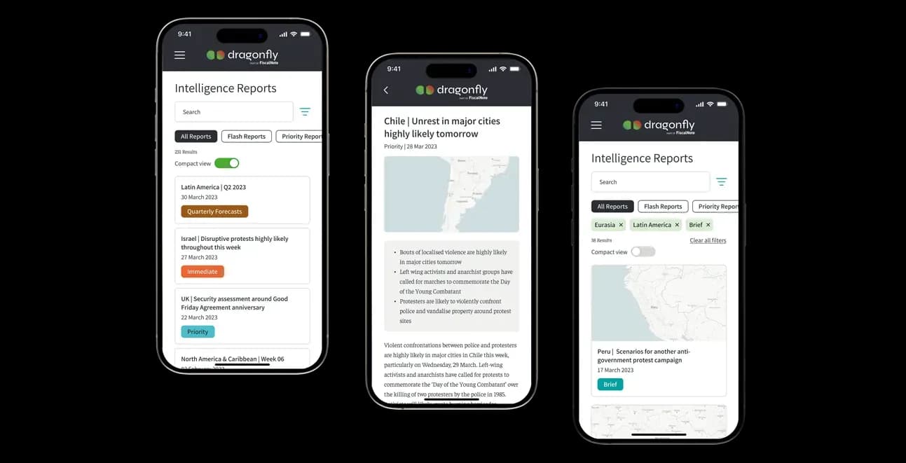 Dragonfly SIAS security intelligence app showing global risk reports on mobile