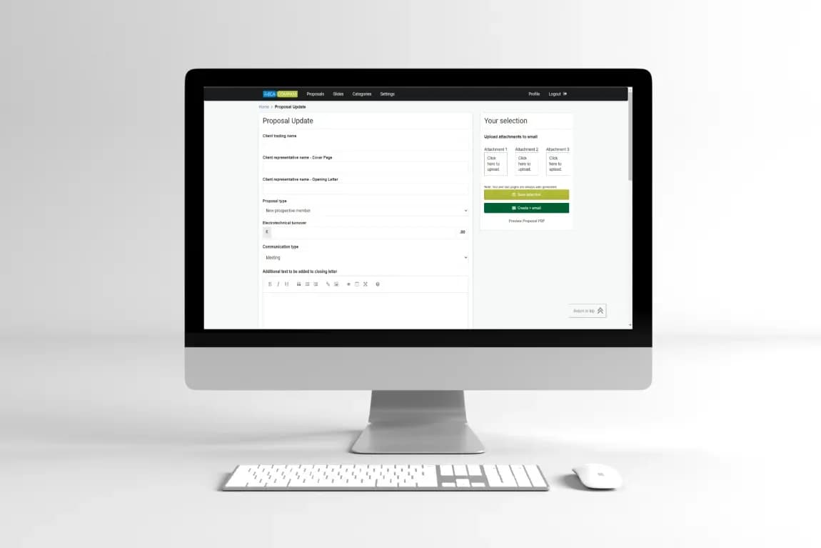 ECA Proposal Generator portal on a desktop monitor, showing the Proposal Update form beside a Your Selection panel with three attachment upload slots