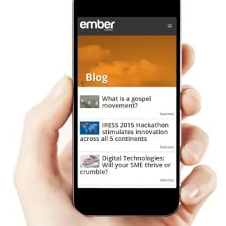 Ember client analytics login shown on a phone, with the Ember blog and analytics dashboard behind it