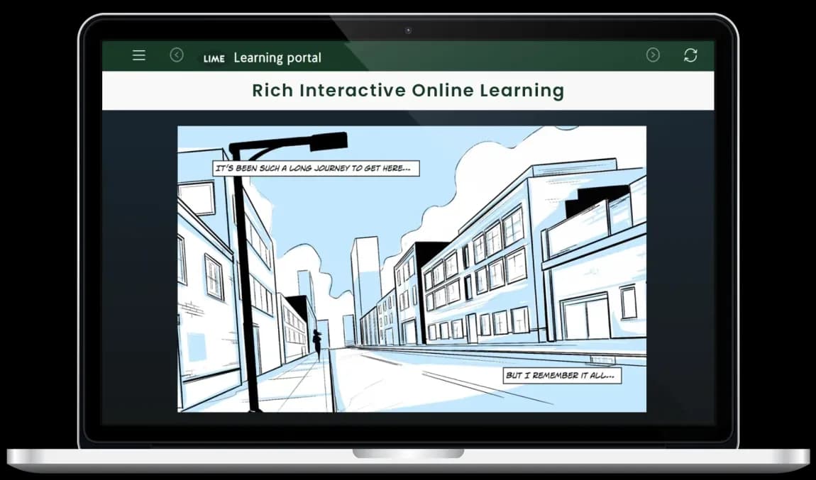 The Engage Lime Interactive Learning Portal on a laptop, showing a Rich Interactive Online Learning resource playing an illustrated story frame