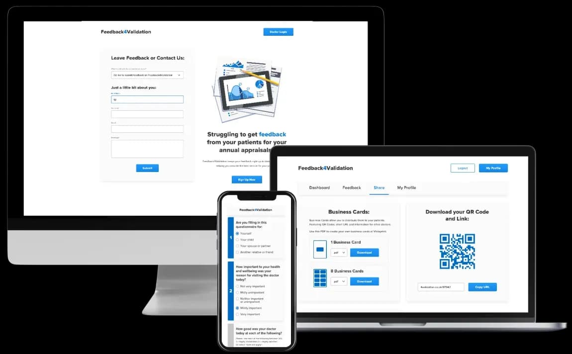 The Feedback4Validation patient feedback web app shown across desktop, laptop and mobile, with the feedback form, questionnaire and QR code sharing screens