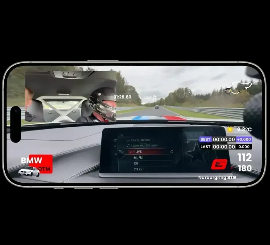 Gapped app dual-camera in-car live stream showing the road ahead with a track map and live lap timers