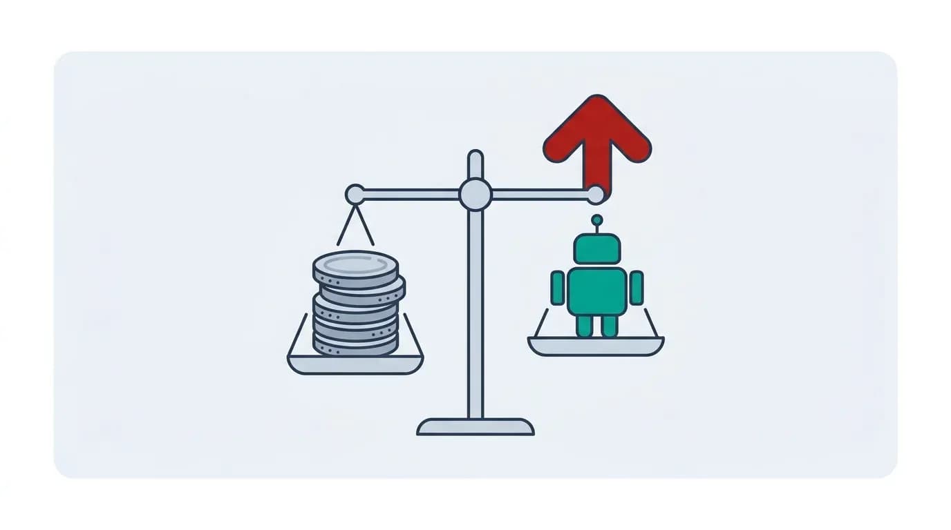 Flat infographic of a balance scale weighing a stack of coins against a small teal robot agent with a red upward arrow