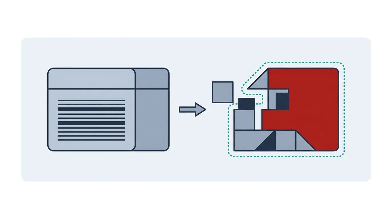 Flat infographic contrasting a sealed off-the-shelf box with building blocks assembled to fit a dotted outline exactly
