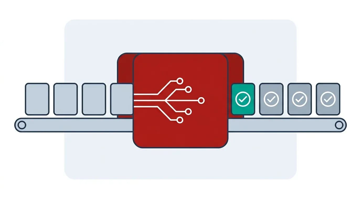 Flat infographic of paper forms on a conveyor passing through a red AI box and emerging as ticked cards