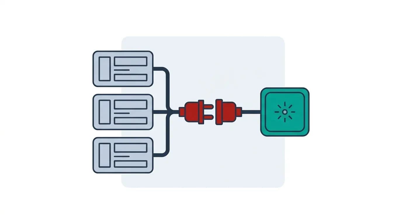 Flat infographic of three existing application blocks joined by a red plug connection to a teal AI chip