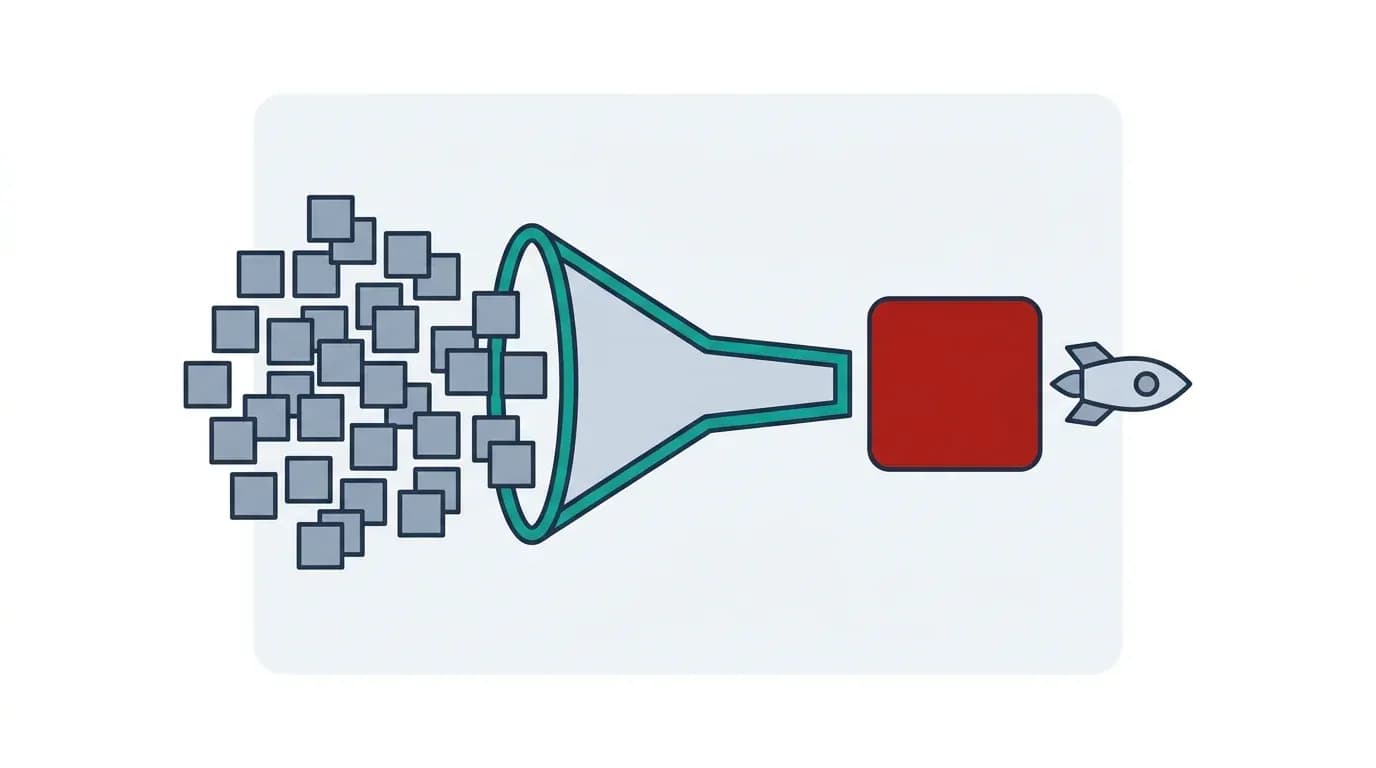 Flat infographic of many small feature blocks funnelling into one red core block with a rocket leaving it