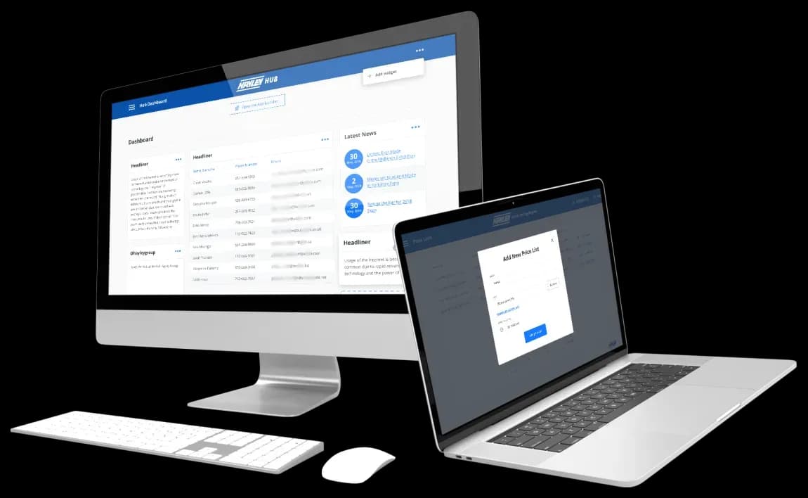 Hayley Hub dashboard and Pricing Engine price list shown on a desktop monitor and a laptop