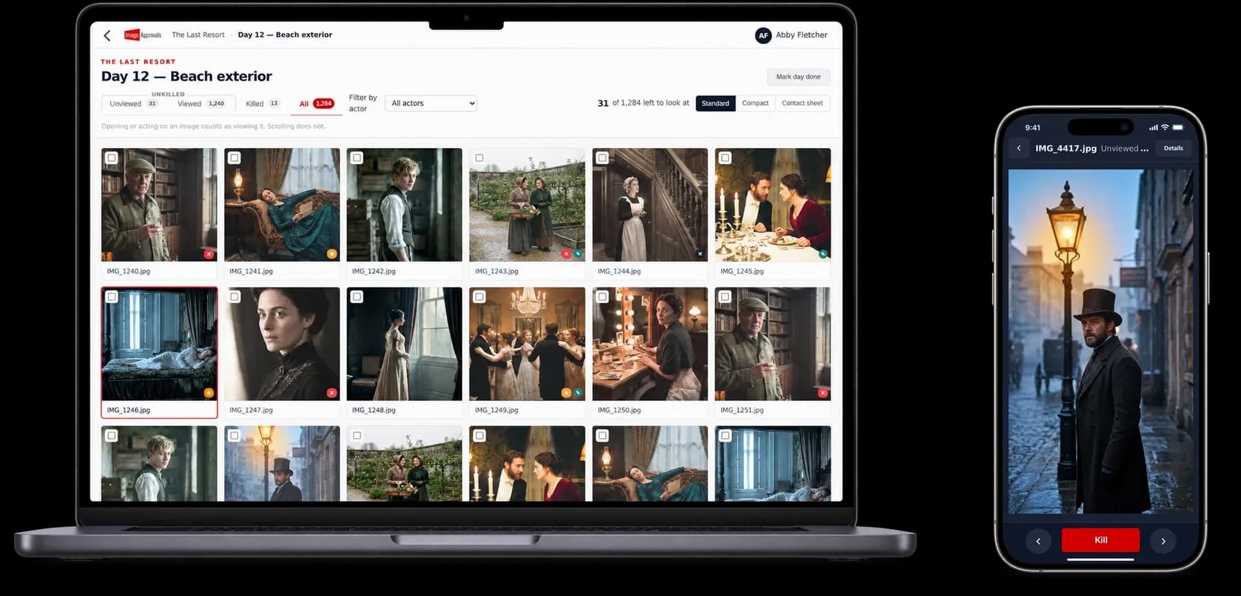 The Image Approvals platform on a MacBook Pro showing a production day's image grid, beside an iPhone showing a single still with the Kill button