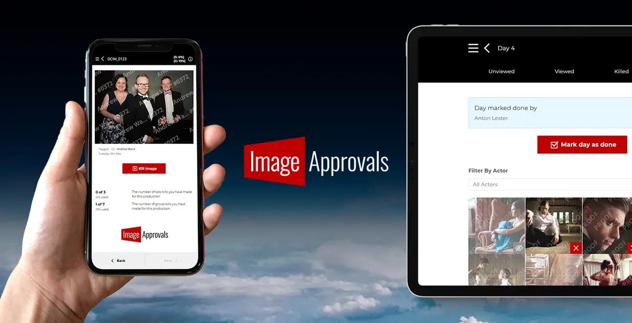Image Approvals talent photo approval platform shown as a mobile app and SaaS portal
