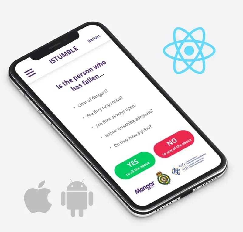 The iStumble React Native app on a phone showing the first-aid checklist for a person who has fallen, beside the React, Apple and Android logos