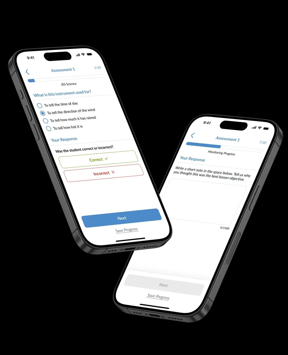 Learning app built by Scorchsoft shown on two phones, delivering an in-app training assessment with multiple-choice questions and a written response