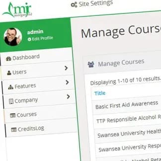 Learning Management Portal course administration screen, showing a searchable list of managed courses in the admin dashboard