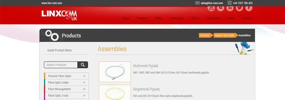 The Linx-com UK online catalogue website, showing the Assemblies product listing with a quick product menu and search