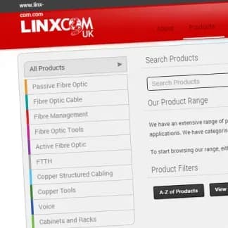 LINXCOM UK fibre optic product catalogue website built by Scorchsoft, showing the product range menu and search filters