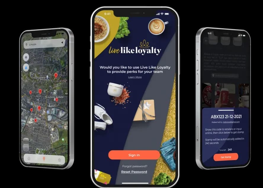 Live Like Loyalty employee rewards app on three phones, showing the offer map, the sign-in screen and a redeemed offer code