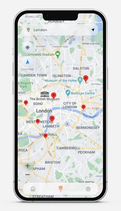 Live Like Loyalty React Native app shown on a phone, displaying a map of nearby loyalty locations