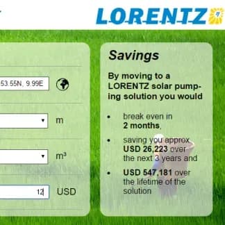The LORENTZ solar pump ROI calculator built by Scorchsoft, showing projected savings and break-even for switching from diesel to a LORENTZ solar solution