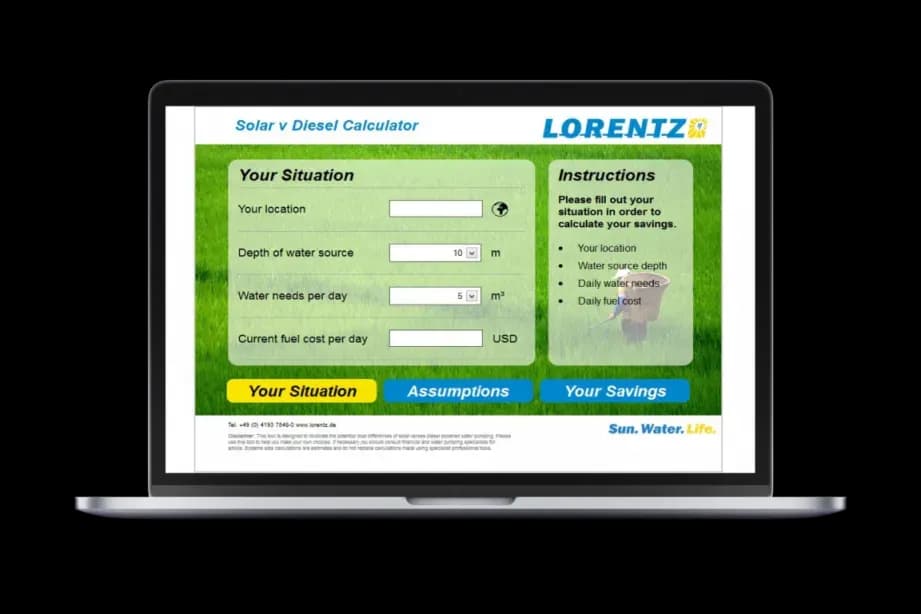 LORENTZ Solar v Diesel calculator web app on a laptop, showing location, water depth and fuel cost inputs beside a savings panel