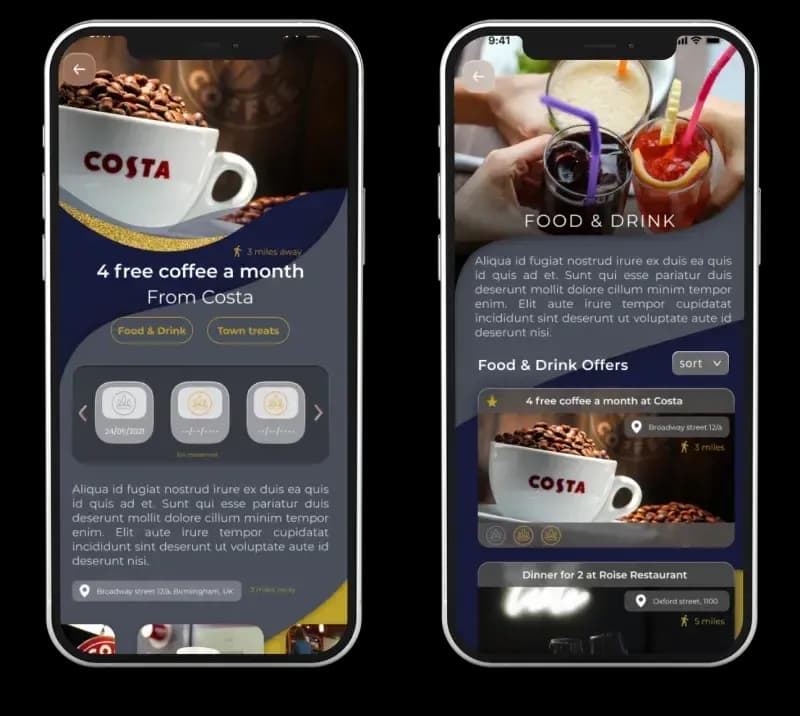 Loyalty app built by Scorchsoft shown on two phones, with a "4 free coffee a month from Costa" reward and a food and drink offers list ready to redeem in-app