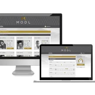 MODL model booking portal shown on a desktop monitor and a laptop