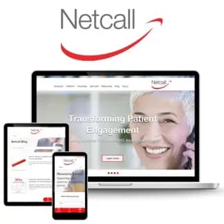 Netcall Telecom patient engagement web portal shown on a laptop, tablet and phone