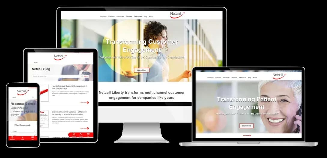 Netcall enterprise website and resource centre shown on a desktop monitor, laptop, tablet and mobile phone