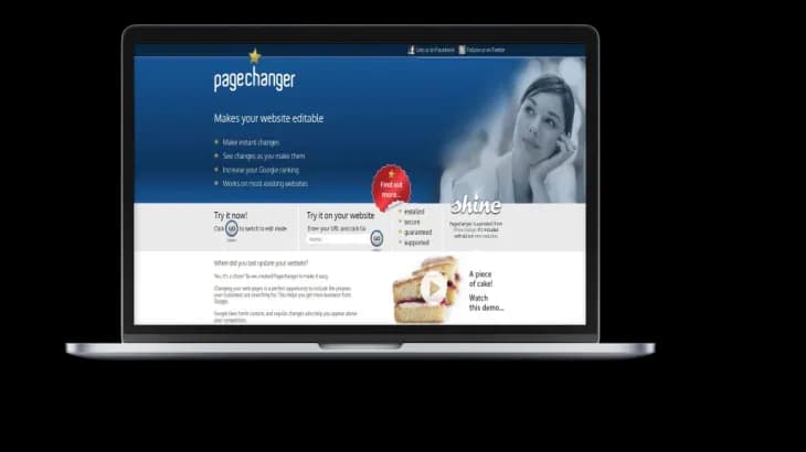 The Pagechanger website-editing web application on a laptop, showing its "Makes your website editable" home page with a try-it-now demo and Shine Design branding