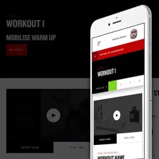 PBJUMPS app on a phone, showing a mobilise warm-up workout with demonstration videos