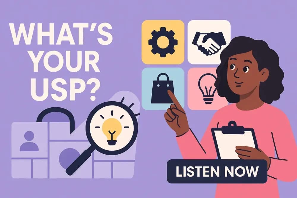 Tech Toolkit Podcast episode 005 cover art: What's Your USP? with a woman holding a clipboard pointing at innovation icons and a magnifying glass over a lightbulb