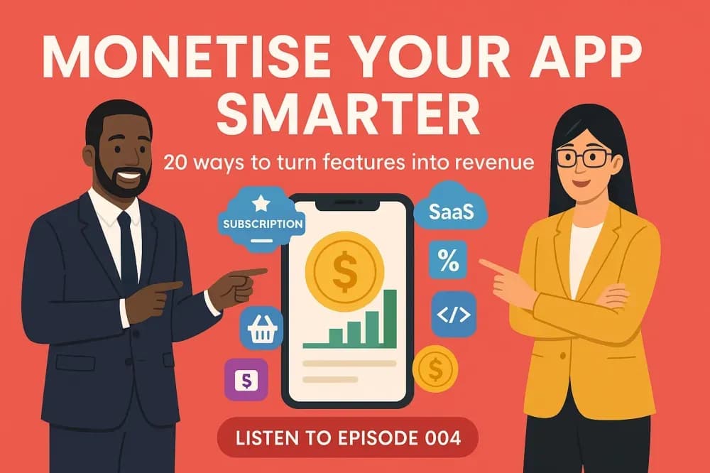 Tech Toolkit Podcast episode 004 cover art: Monetise Your App Smarter - 20 ways to turn features into revenue, with two people beside a phone showing subscription, SaaS and revenue icons