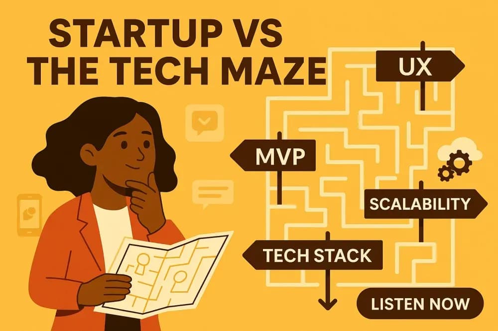 Tech Toolkit Podcast episode 001 cover art: Startup vs The Tech Maze, with a founder holding a map beside maze signposts for UX, MVP, scalability and tech stack