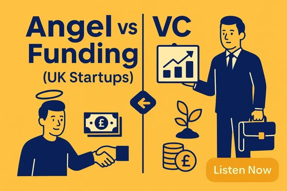 Tech Toolkit Podcast episode 007 cover art: Angel vs VC Funding for UK startups, with an angel investor shaking hands over a banknote beside a venture capitalist presenting a growth chart