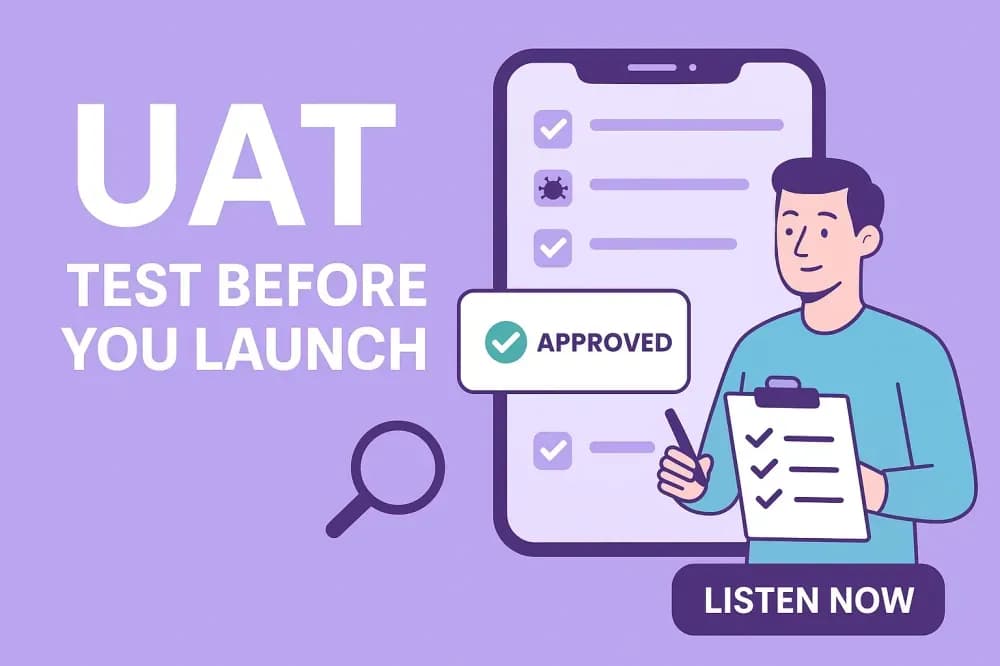 Tech Toolkit Podcast episode 012 cover art: UAT, Test Before You Launch, showing a tester holding a clipboard checklist beside a phone screen of approved test items