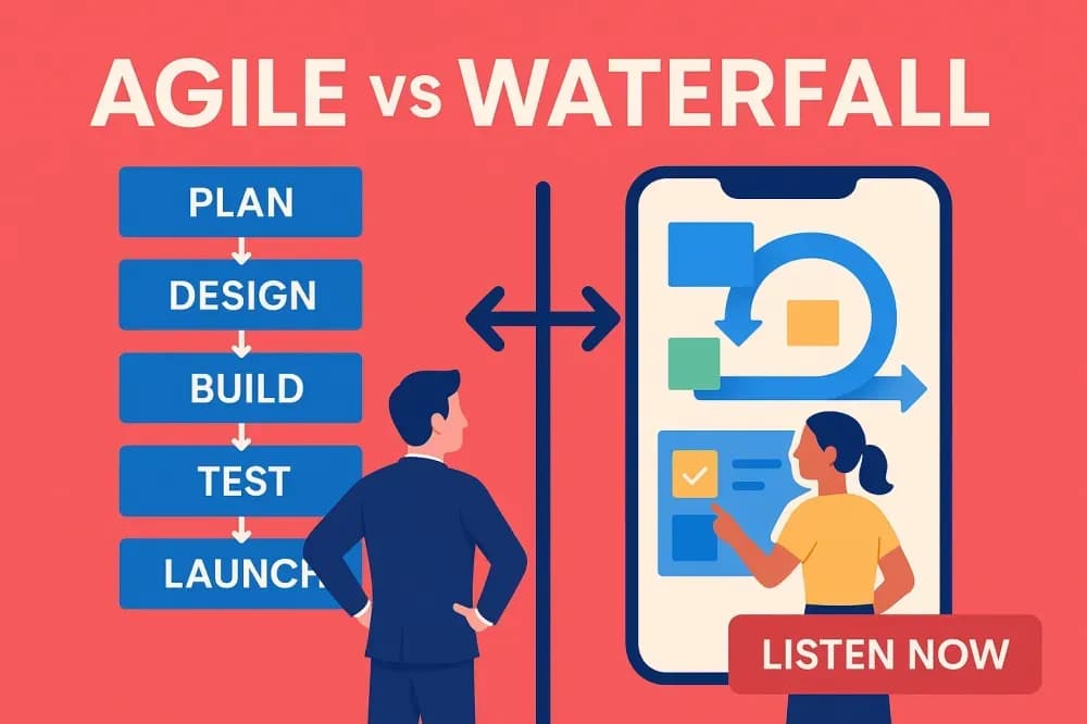 Tech Toolkit Podcast episode 009 cover art: Agile vs Waterfall, showing a linear plan-design-build-test-launch sequence beside an iterative sprint board on a phone screen