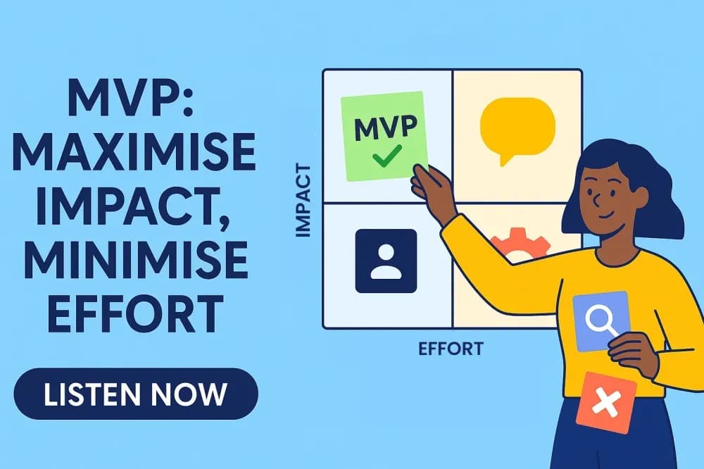 Tech Toolkit Podcast episode 003 cover art: MVP: Maximise Impact, Minimise Effort, showing a woman placing an MVP card in the high-impact quadrant of an impact-effort matrix