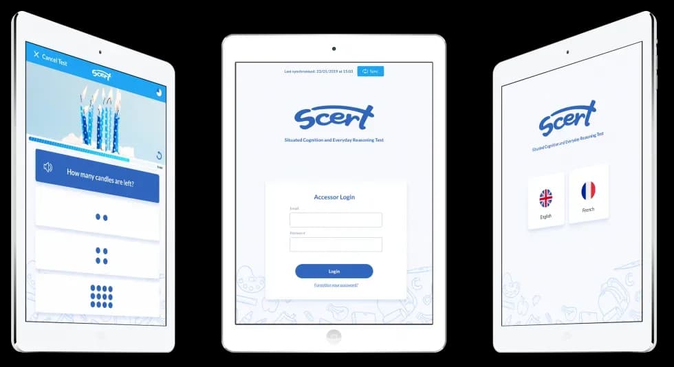 SCERT education app on three tablets showing a reasoning question, the assessor login and the language selection screen